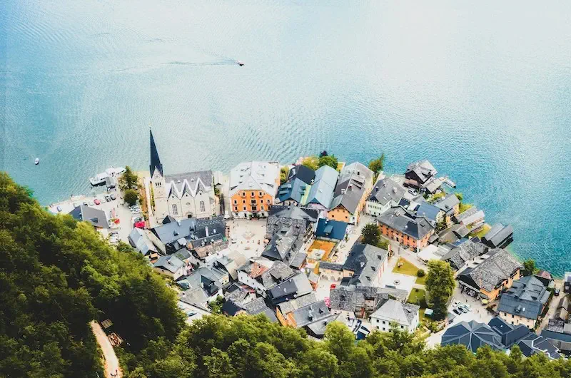 Birds eye view of Austrian village near a lake