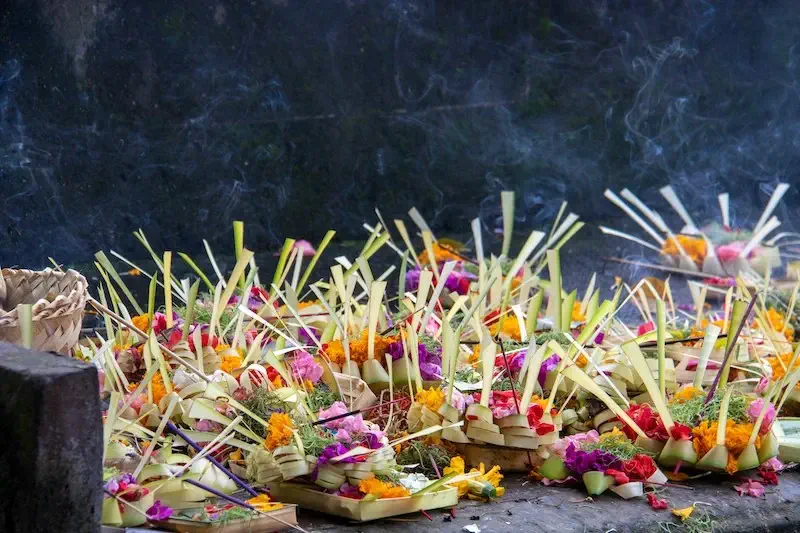 Colorful offerings at Tirta Empul Temple, Bali